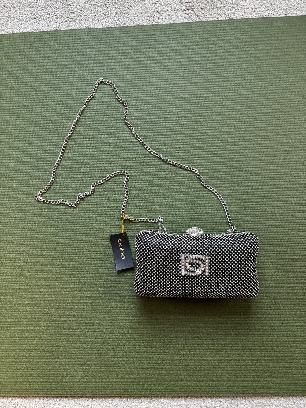 bebe Dianna Hardshell Diamond Clutch Silver Black Crystal NWT with Strap